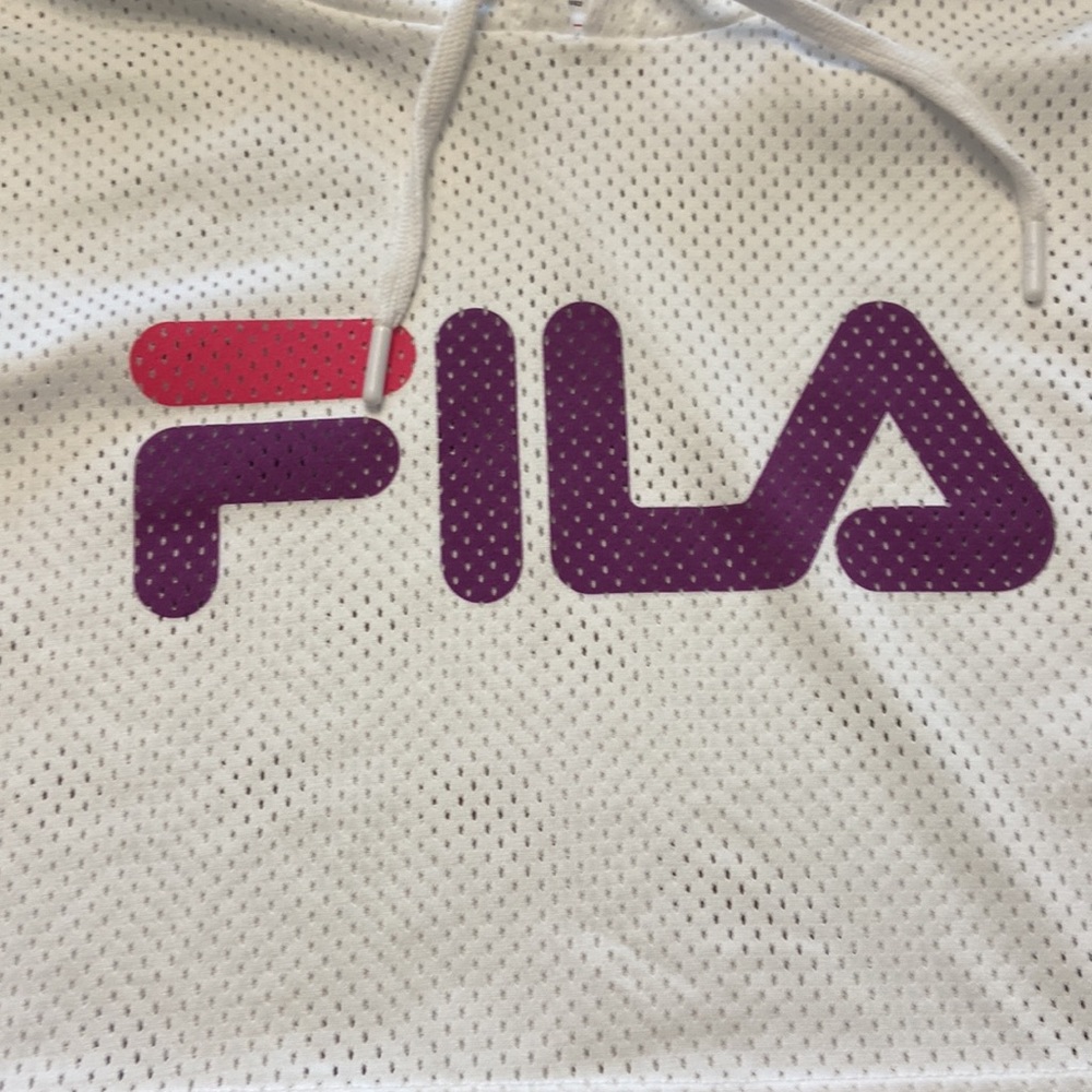 FILA cropped ventilated drawstring hoodie size small white w/ purple and pink - Picture 2 of 11